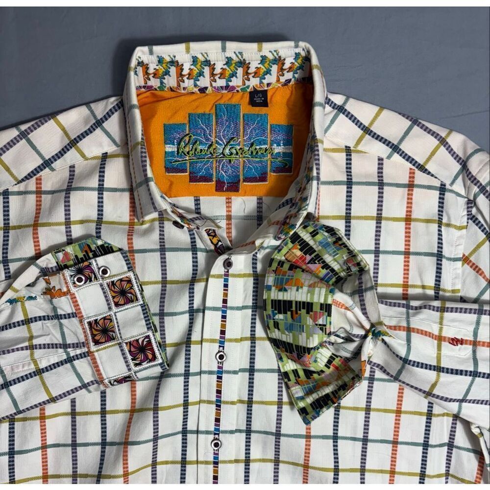 Robert Graham Button Up Plaid Shirt White Orange Embroidered Cuff Size Large L